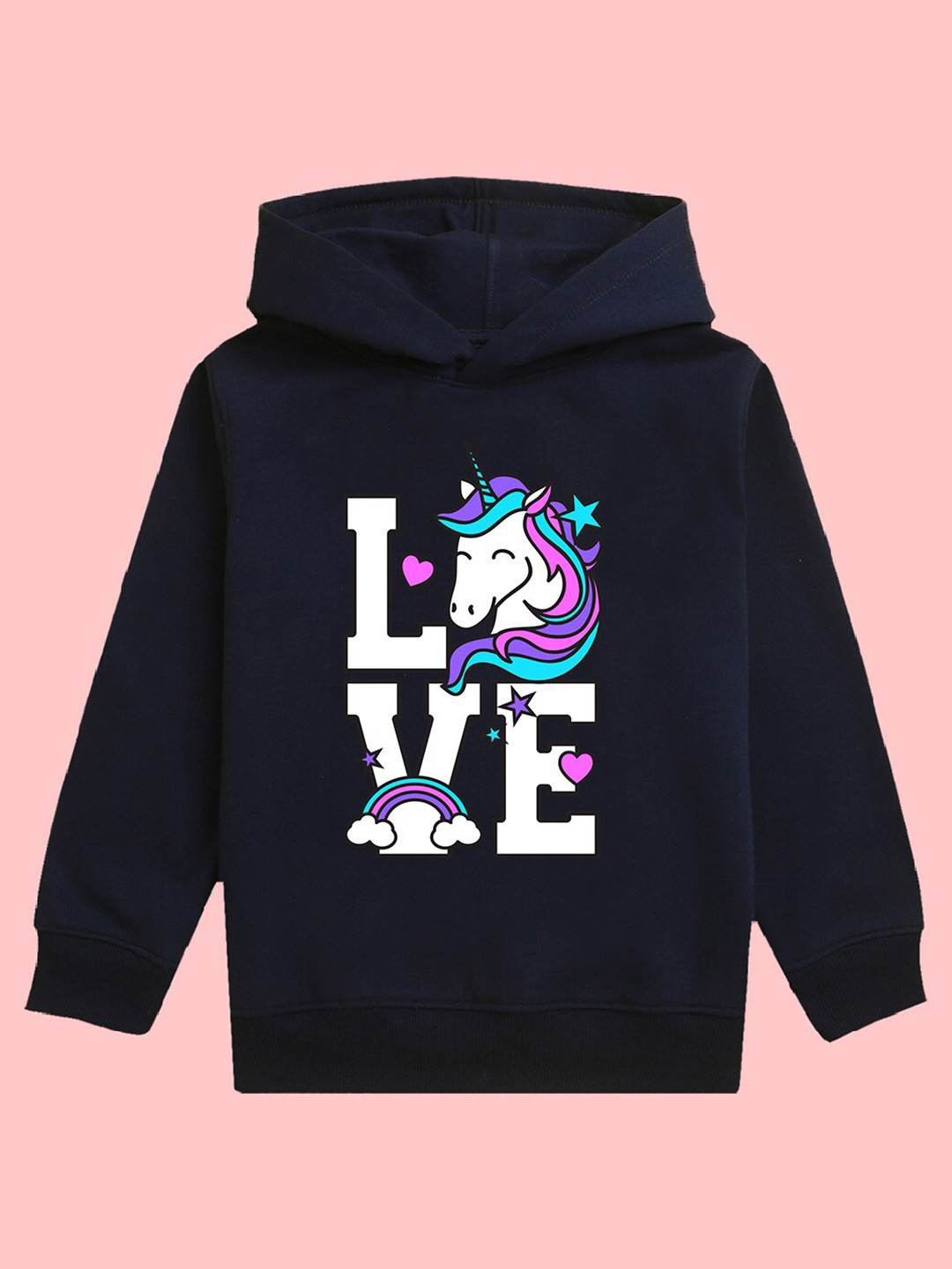 NUSYL Girls Typography Love Printed Hooded Fleece Pullover