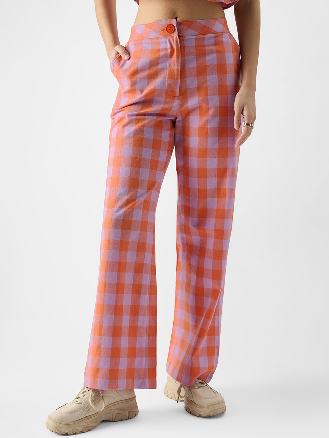 The Souled Store Women Checked Regular Fit Mid-Rise Plain Cotton Trousers
