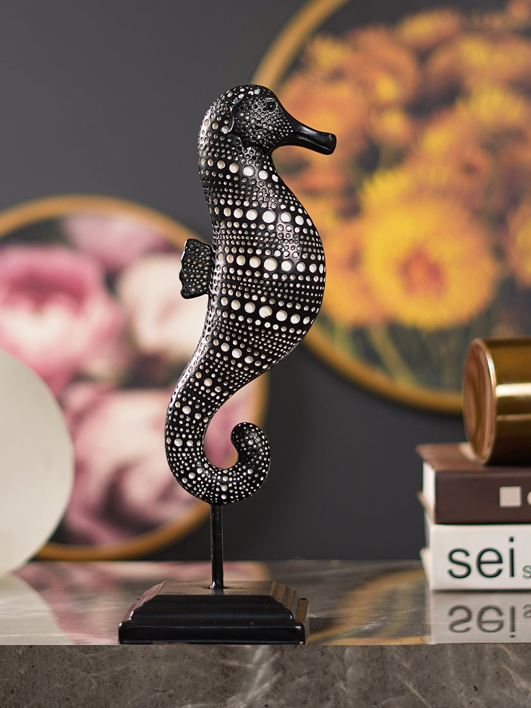 THE ARTMENT Tribal Tide Big African Sea Horse Black Polyresin Glossy Home Office Medium Showpiece - 3.8 Inches