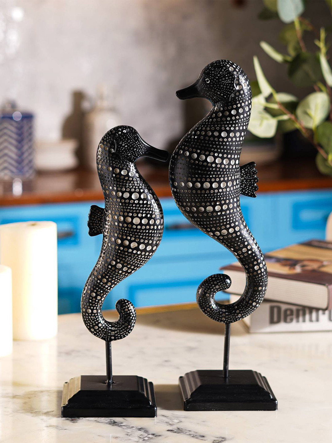 THE ARTMENT Tribal Tide African Sea Horse Black Polyresin Matte Living Room Set of 2 Medium Showpieces - 11.5 Inches