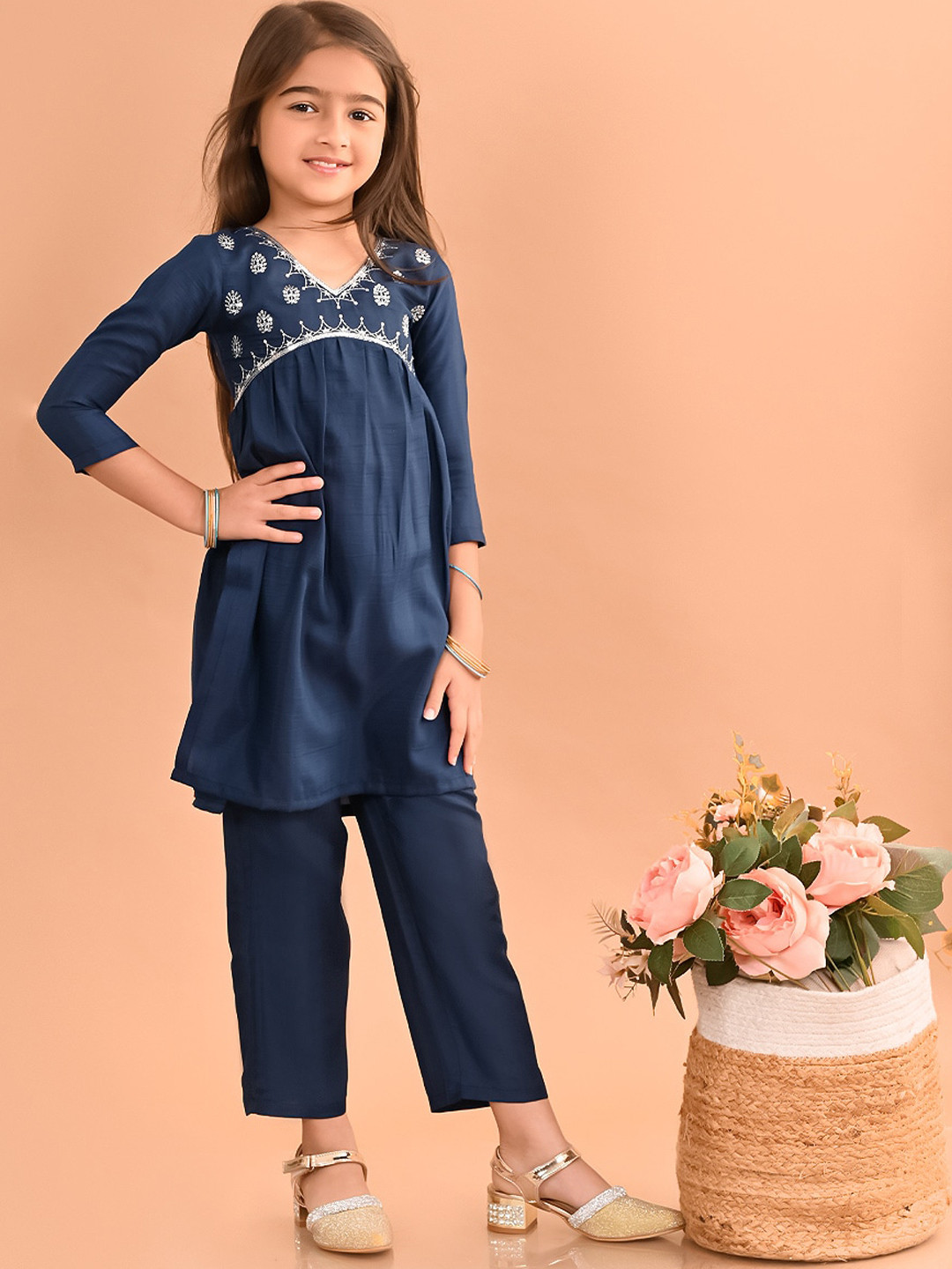 LilPicks Girls Yoke Design Embellished Cotton Empire Kurta with Palazzos
