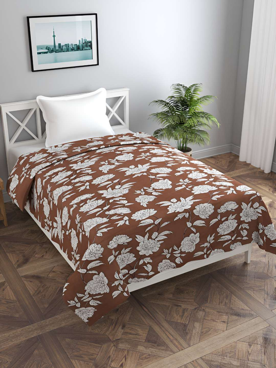 BREVARD Coffee Brown & White Floral Printed Single Duvet Cover