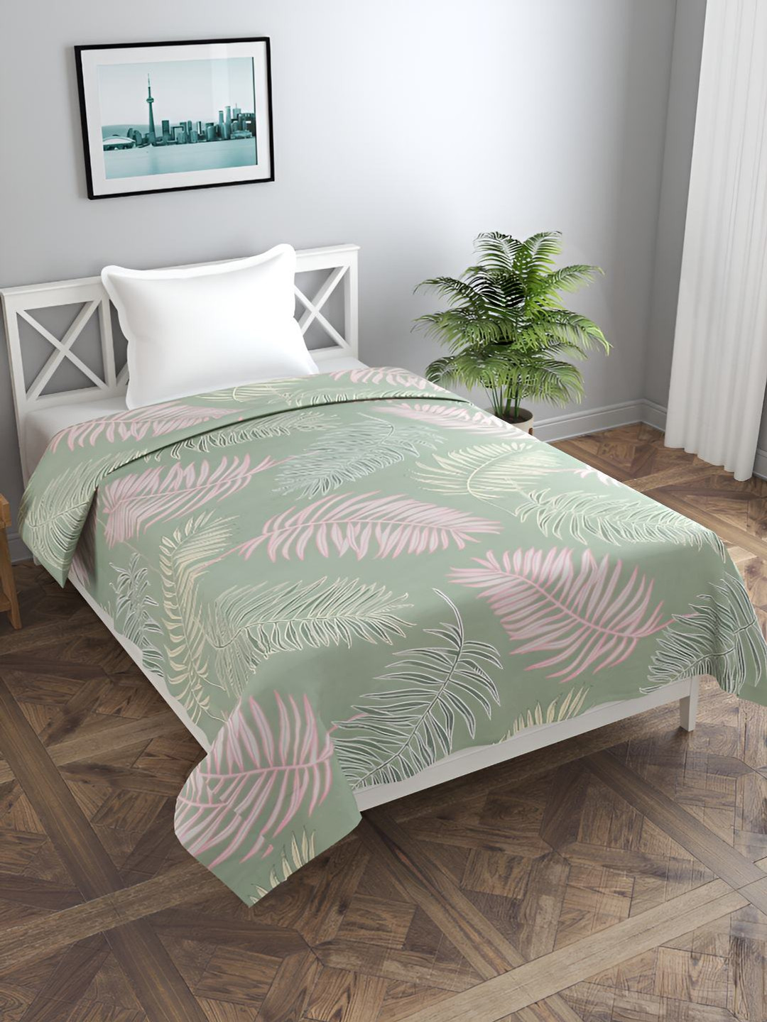 BREVARD Green & Pink Tropical Printed Single Duvet Cover