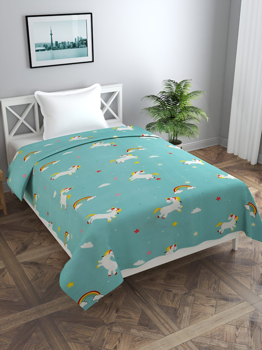 BREVARD Blue & White Unicorn Printed Single Duvet Cover