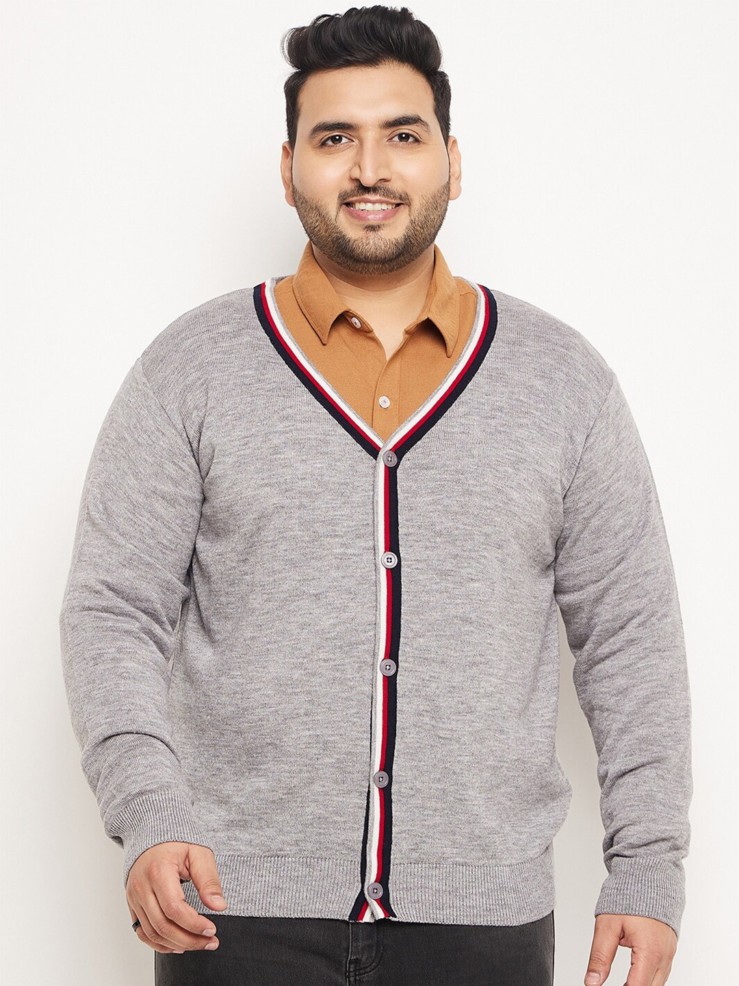 Club York Plus Size V-Neck Long Sleeves Acrylic Cardigan Sweater