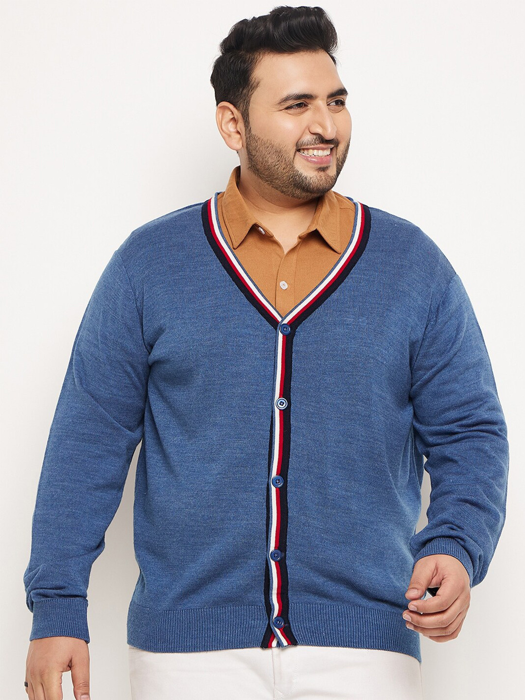 Club York Plus Size V-Neck Long Sleeves Acrylic Cardigan Sweater