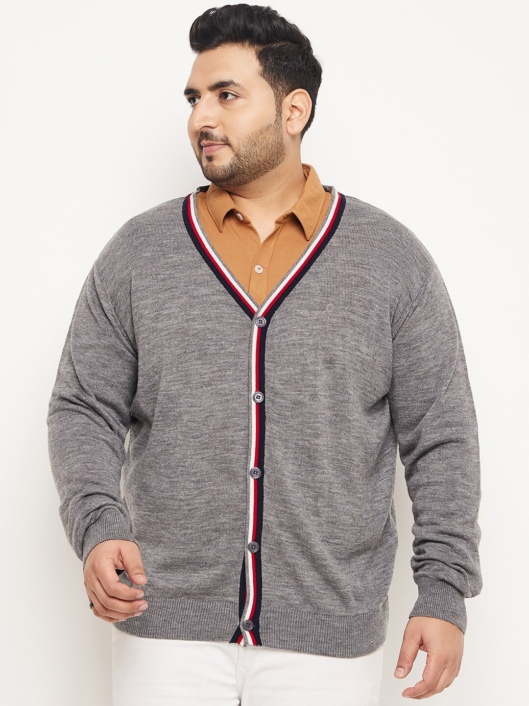 Club York Plus Size V-Neck Long Sleeves Acrylic Cardigan Sweater