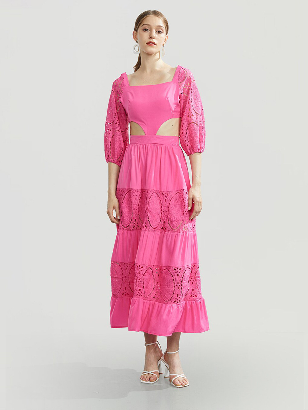 JC Collection Self Design Square Neck Puff Sleeve Cut-Out Fit & Flare Midi Dress
