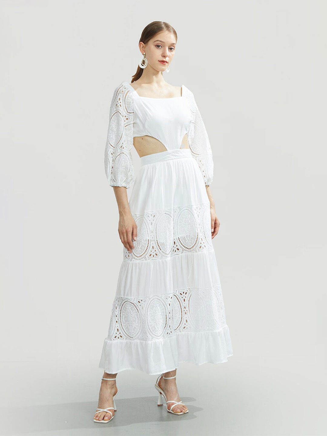 JC Collection Schiffli Tiered Puff Sleeve Maxi Dress