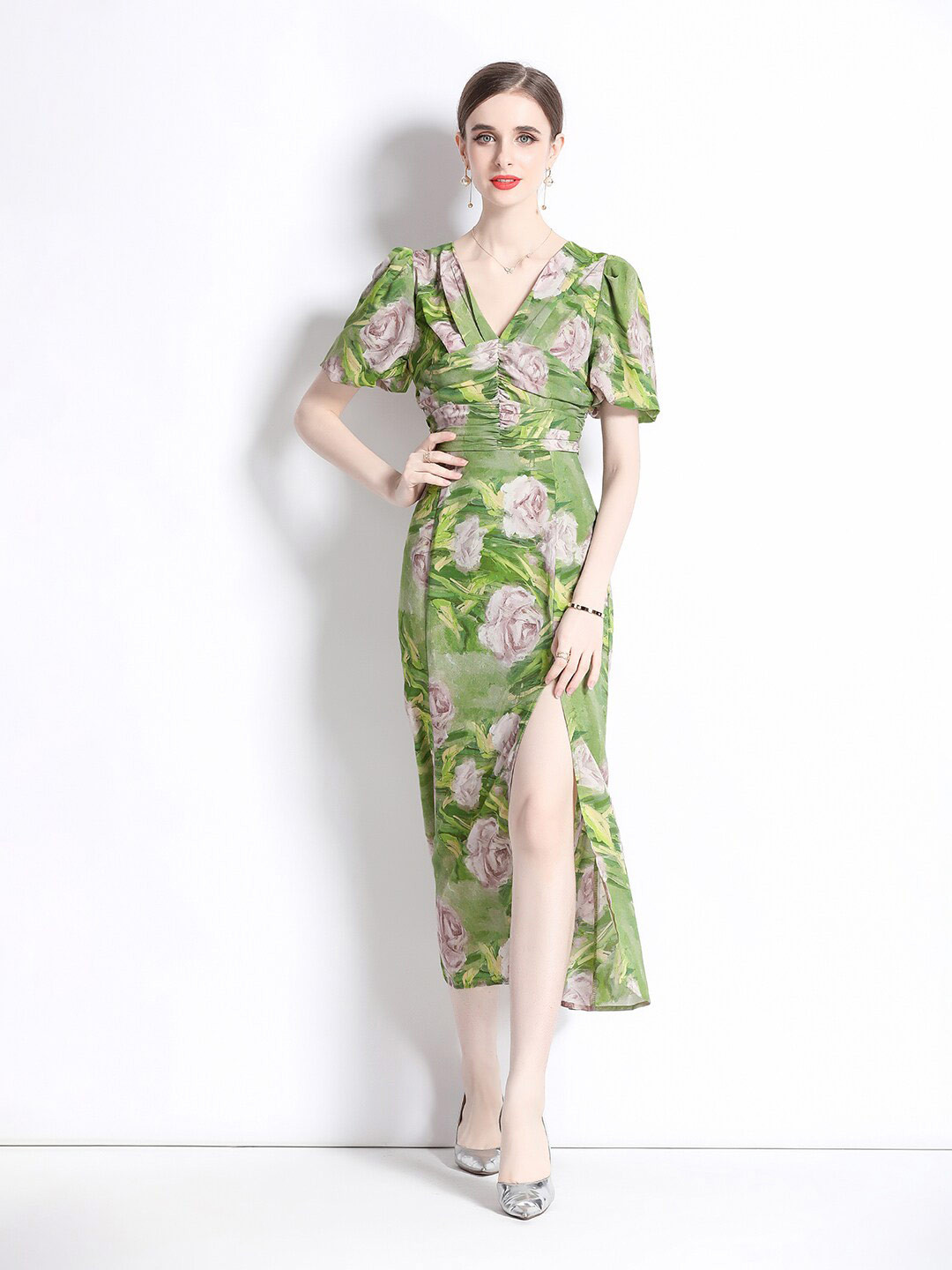 JC Collection Tropical Printed Cut-Outs Puff Sleeves A-Line Dress