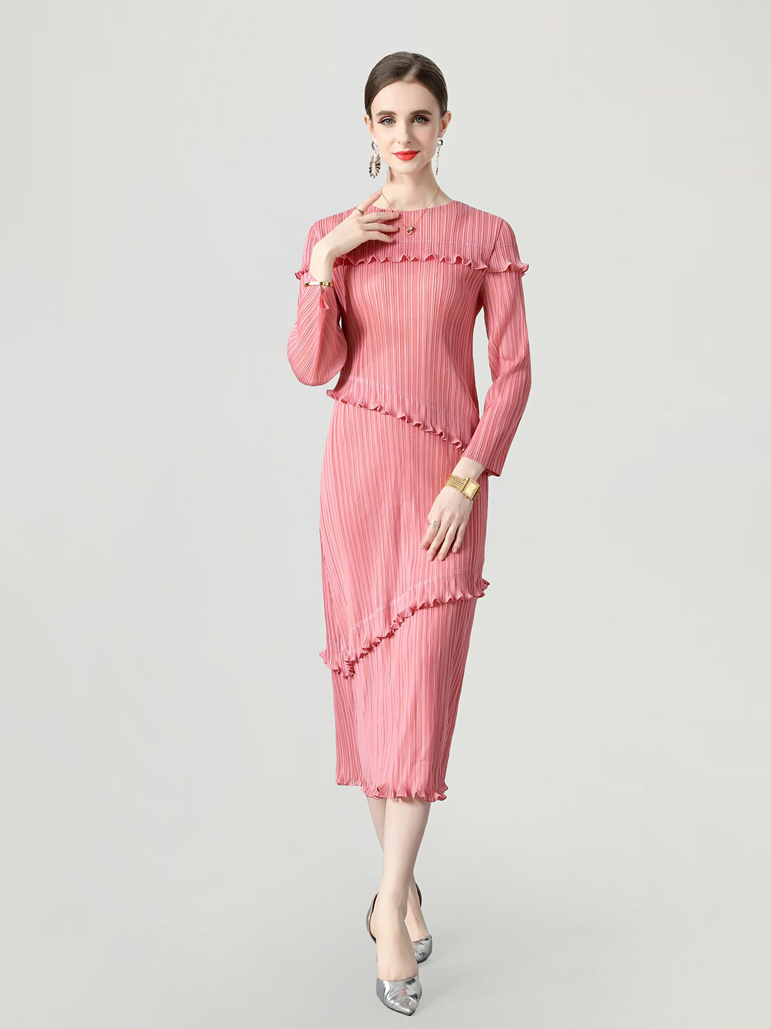 JC Collection Striped Ruffles Sheath Midi Dress