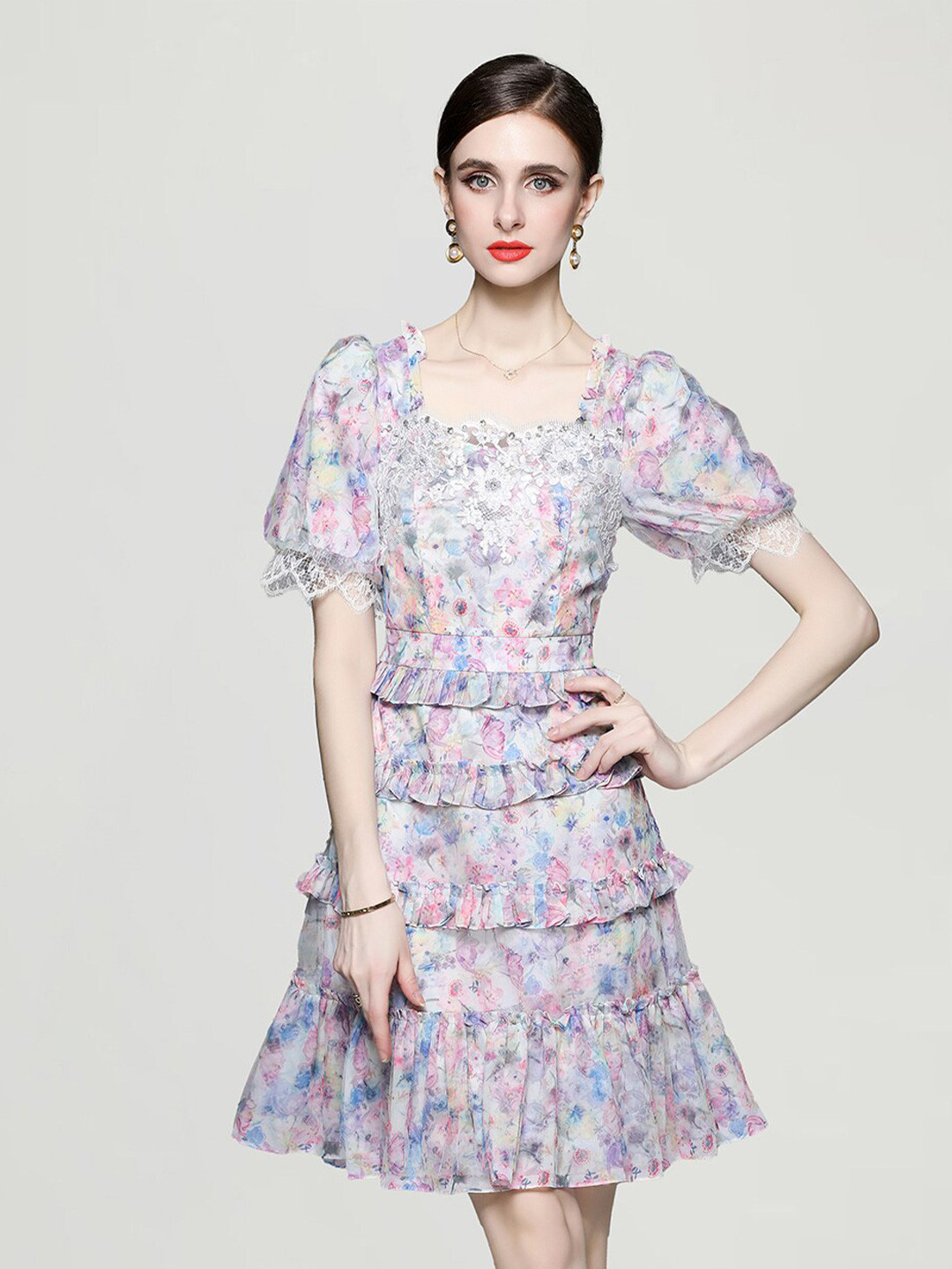 JC Collection Floral Printed Puff Sleeve Ruffles A-Line Dress