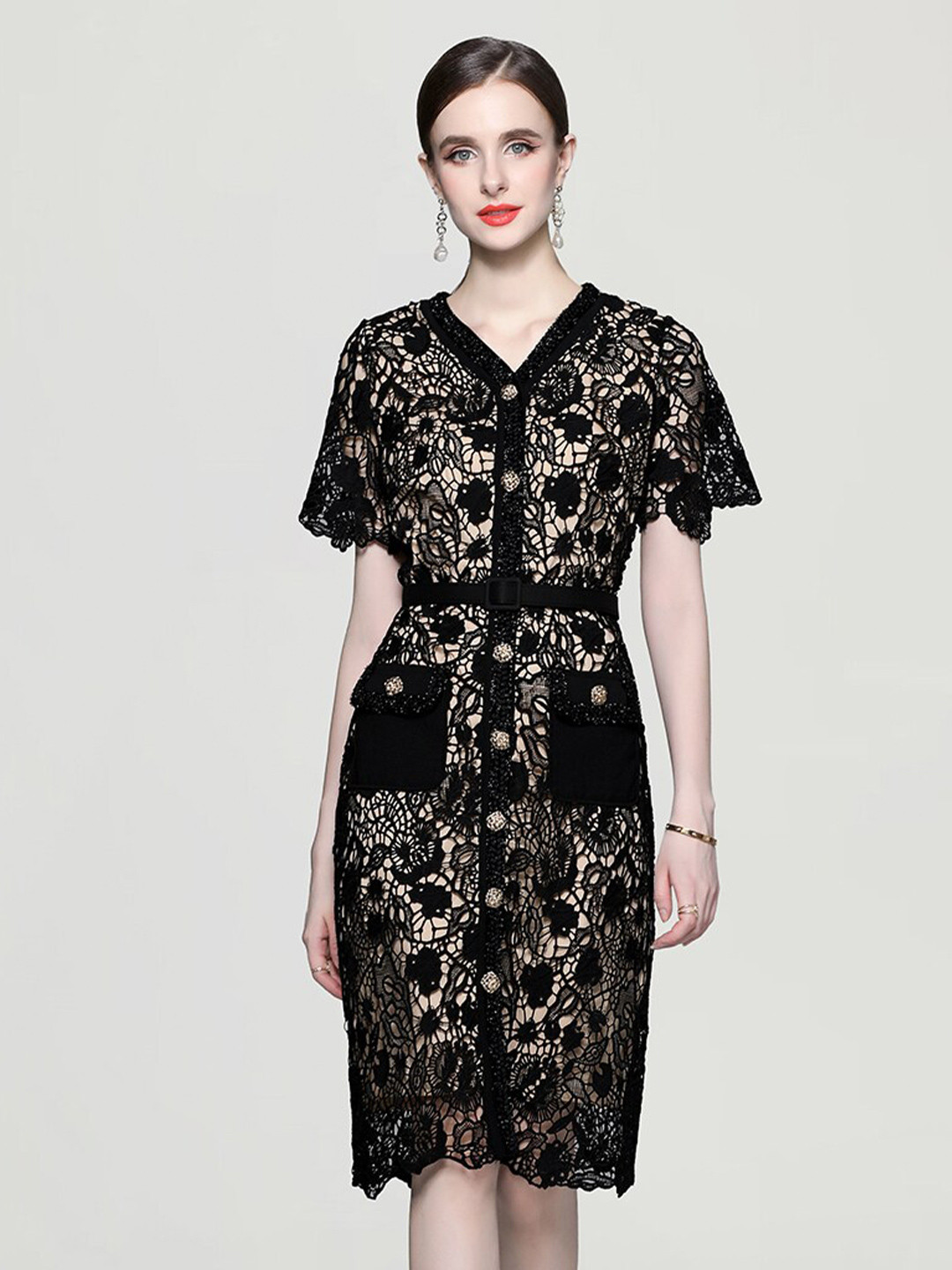 JC Collection Floral Self Design V- Neck Lace Detail Shirt Dress