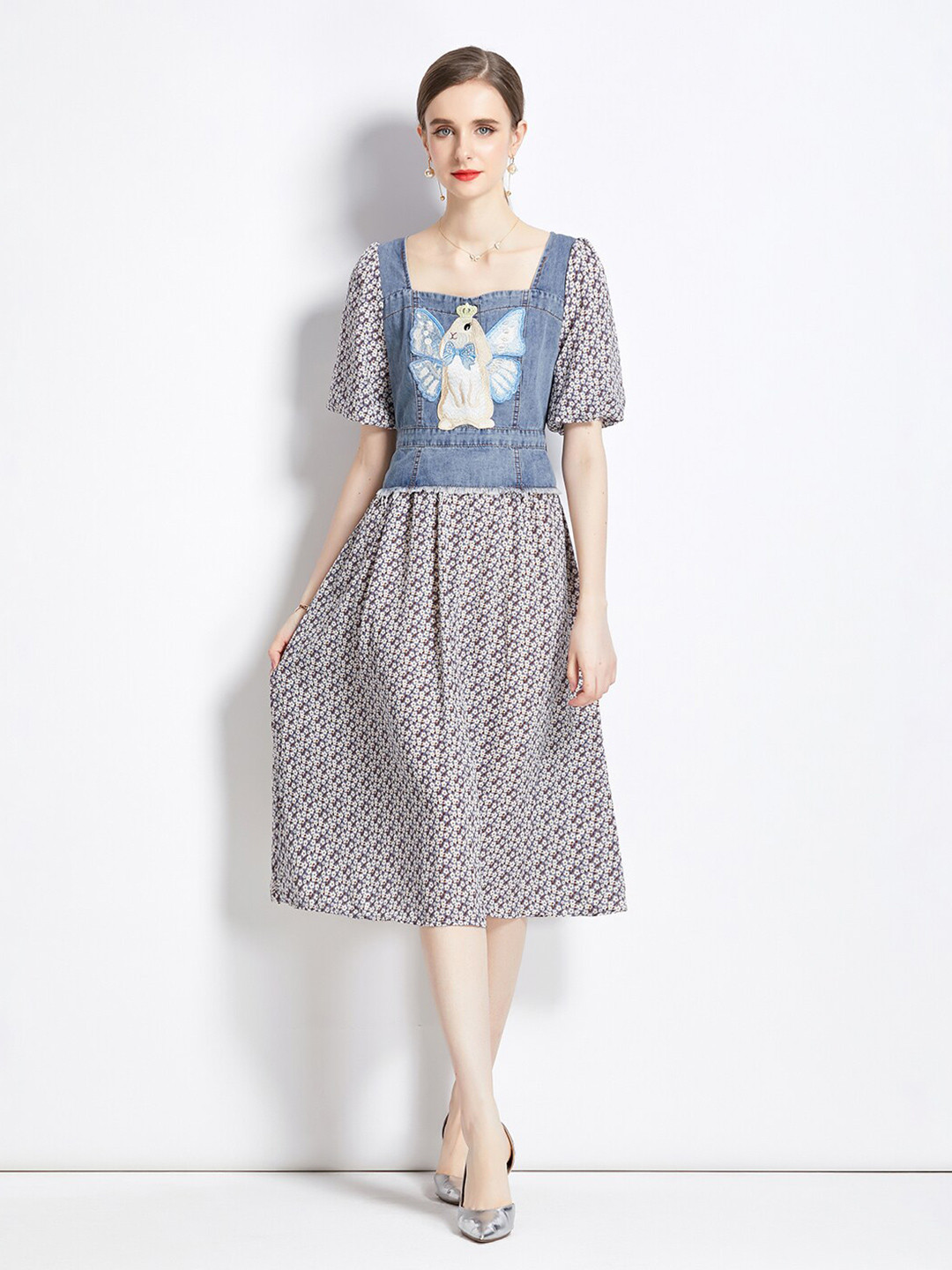 JC Collection Floral Printed Applique Detail Square Neck Fit & Flare Midi Dress