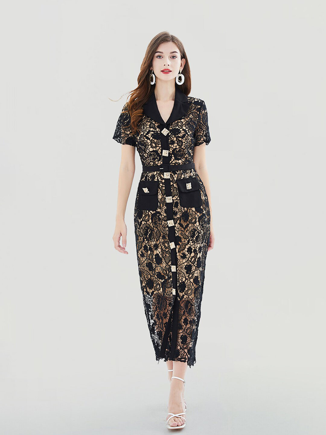 JC Collection Self Design Lace-Up Detail Semi Sheer Sheath Midi Dress