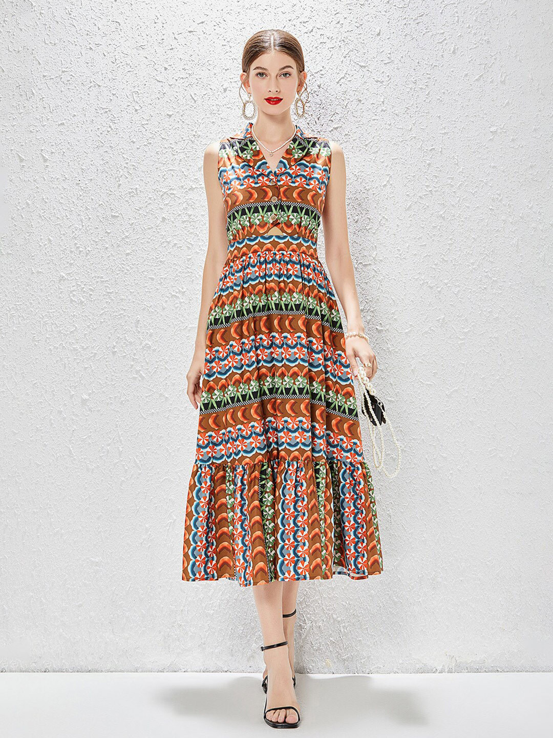 JC Collection Tribal Printed Tiered A-Line Midi Dress