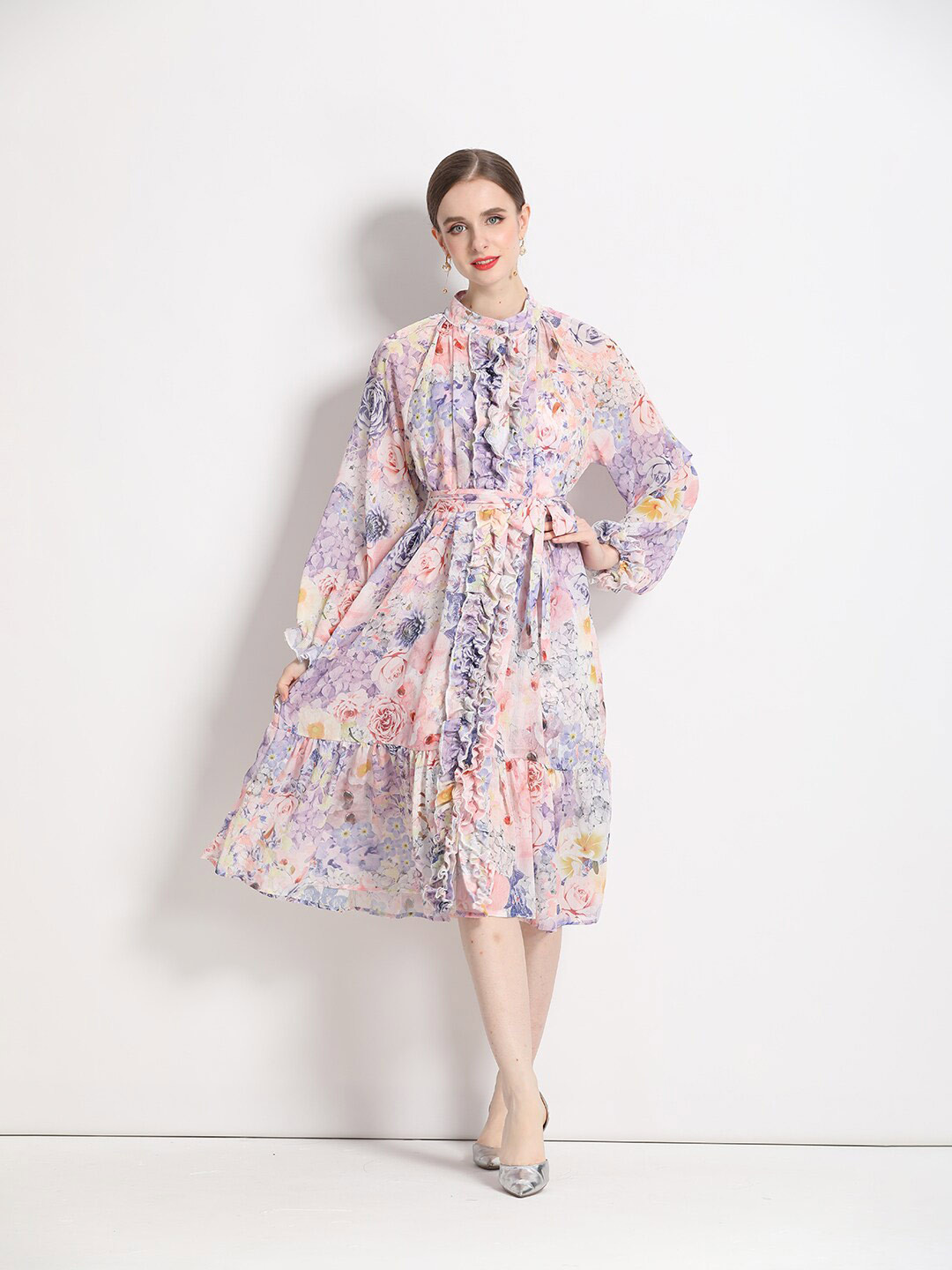 JC Collection Floral Printed Mandarin Collar Long Sleeves Ruffled Fit & Flare Midi Dress