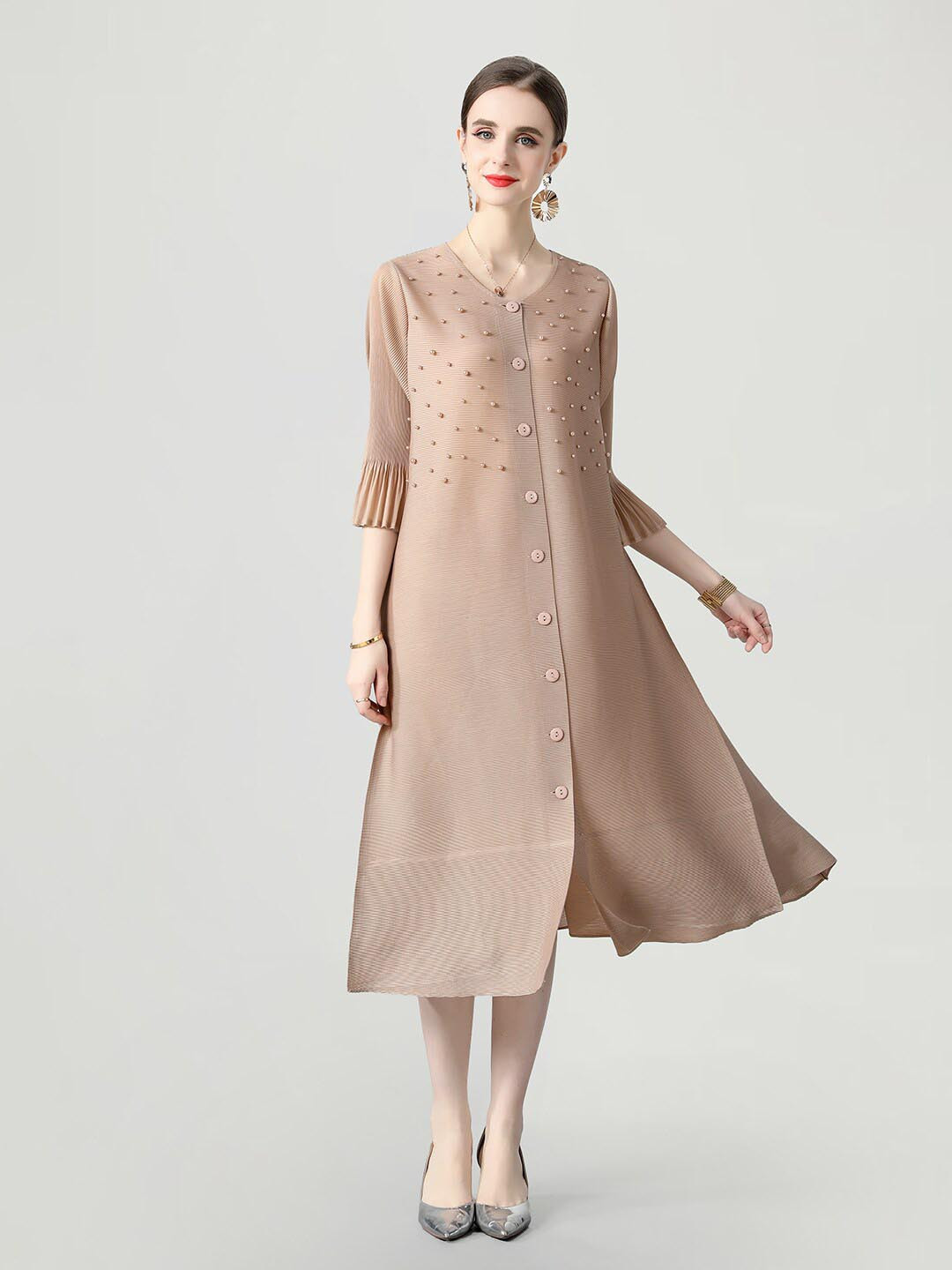 JC Collection Khaki Embellished A-Line Midi Dress