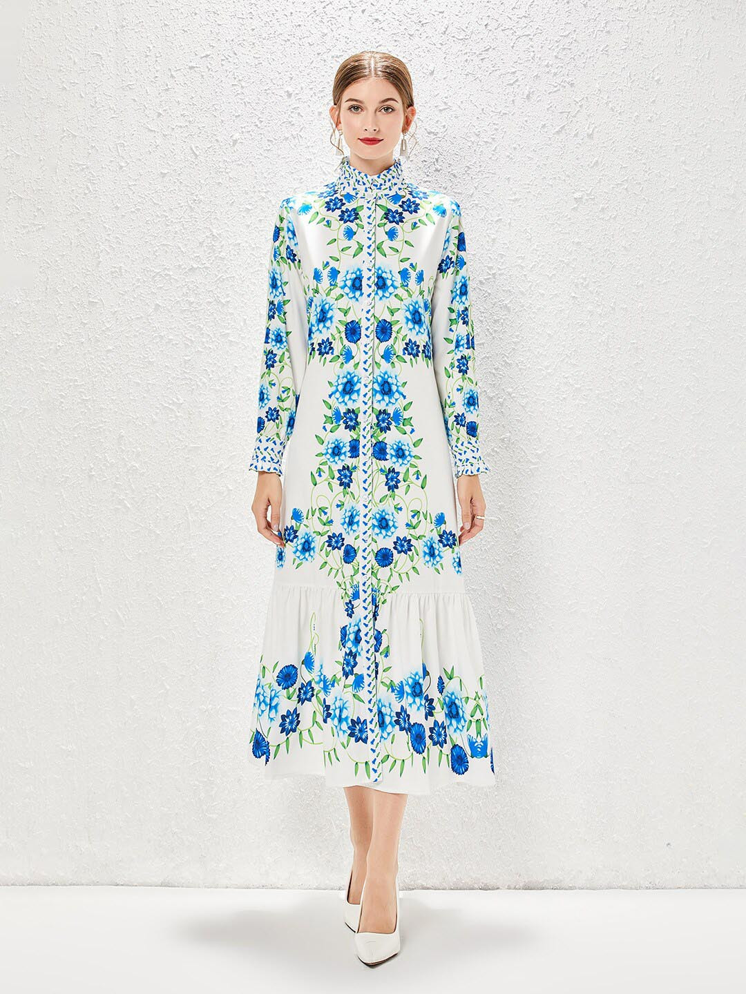 JC Collection Floral Printed Mandarin Collar Long Sleeves Belted Tiered Shirt Midi Dress