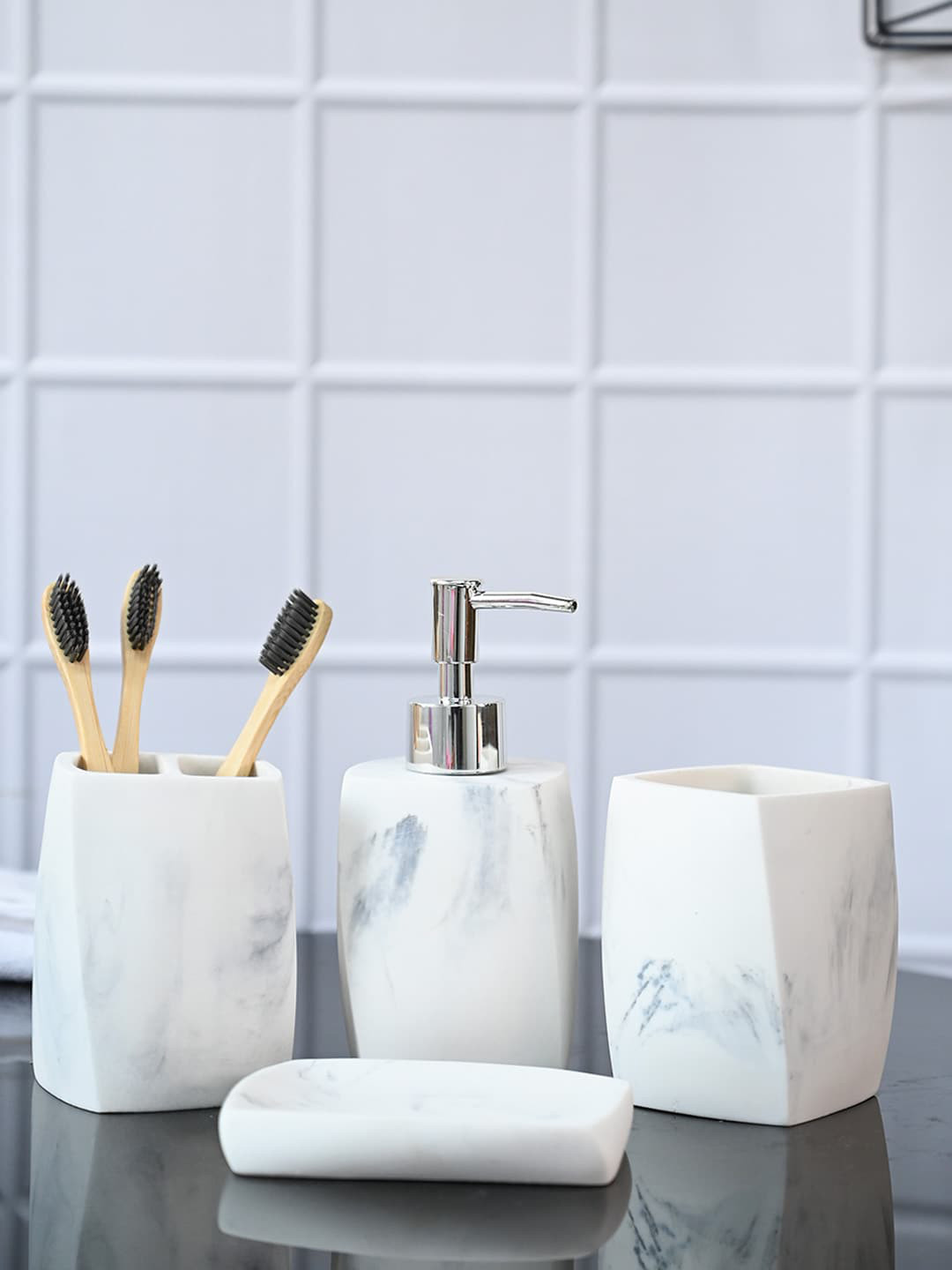 MARKET99 White 4 Pieces Marble Bathroom Accessories