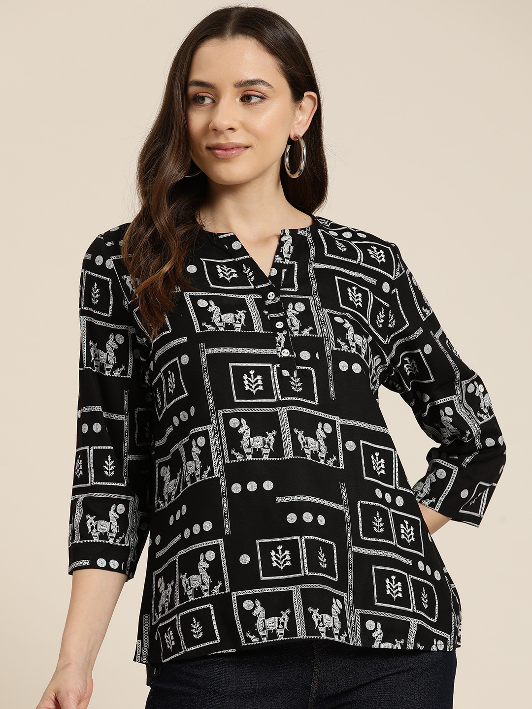 HERE&NOW Print Mandarin Collar Longline Top