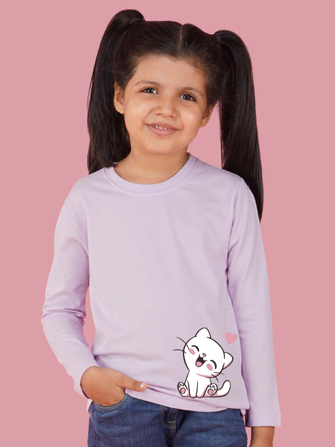 NUSYL Girls Cat Printed Cotton T-shirt