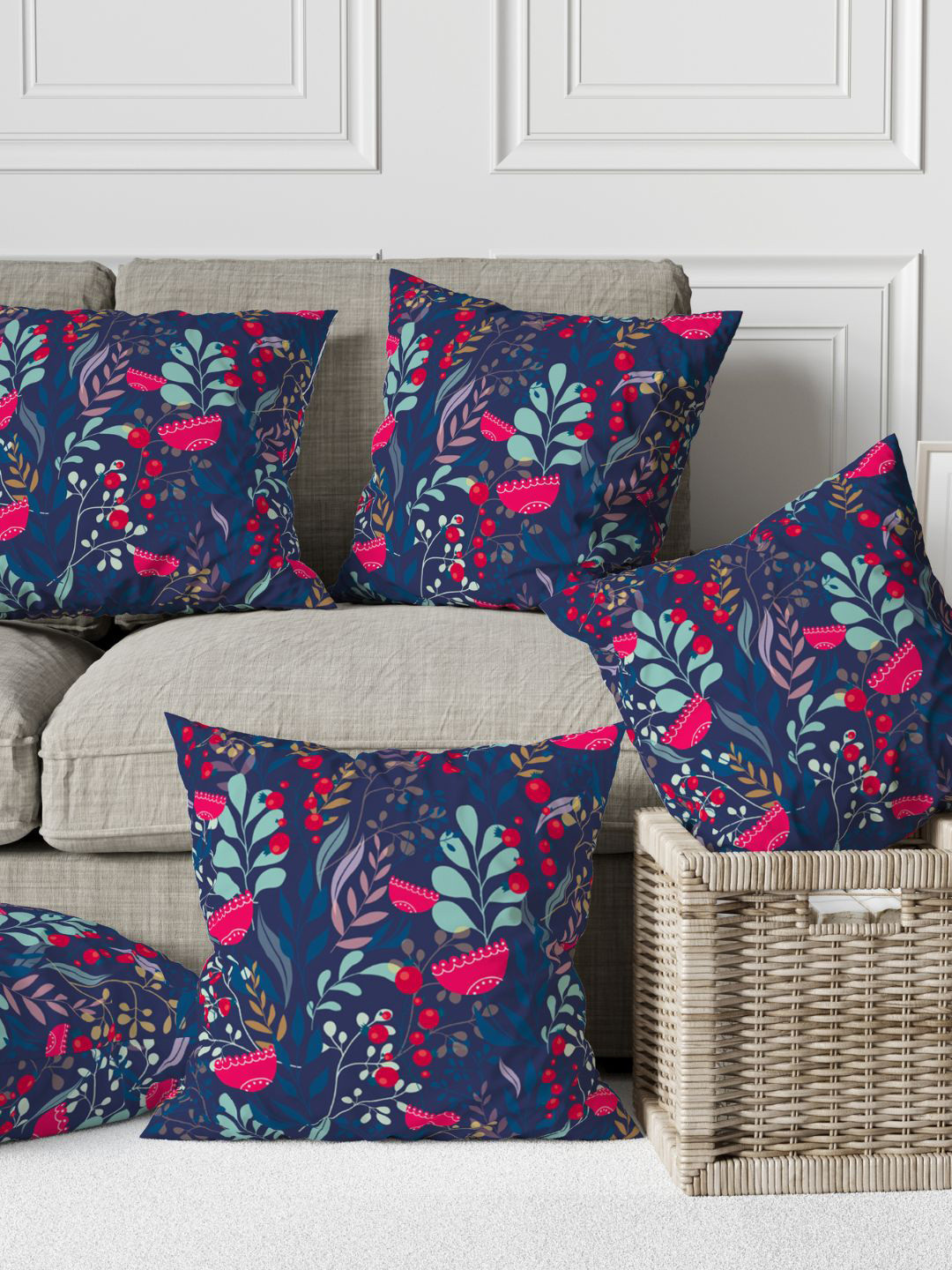 THEYAYACAFE Blue Floral Cotton Breathable 5 Piece Square Cushion Covers -16x16In