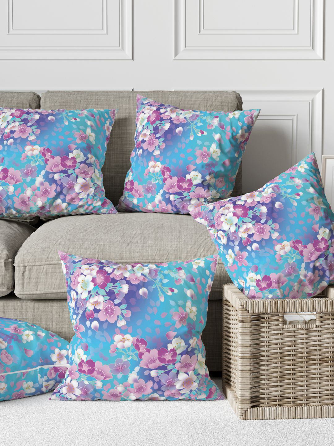 THEYAYACAFE Blue & Pink 5 Pieces  Floral Printed Cotton Square Cushion Covers