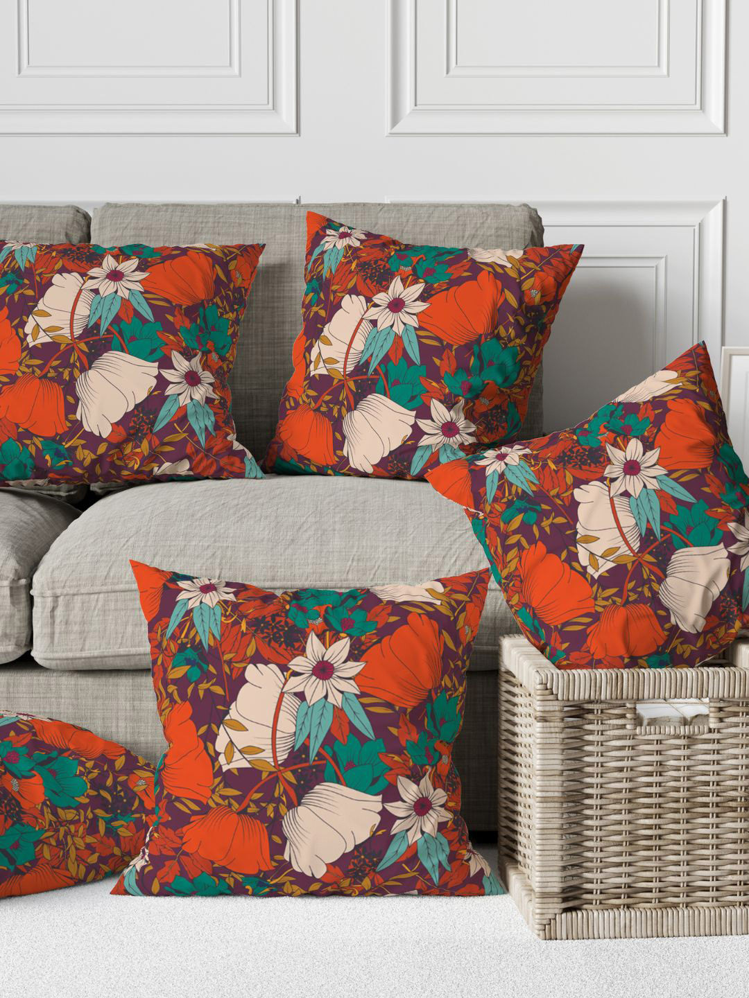 THEYAYACAFE Purple & Orange  5 Pieces Floral Printed Cotton Square Cushion Covers