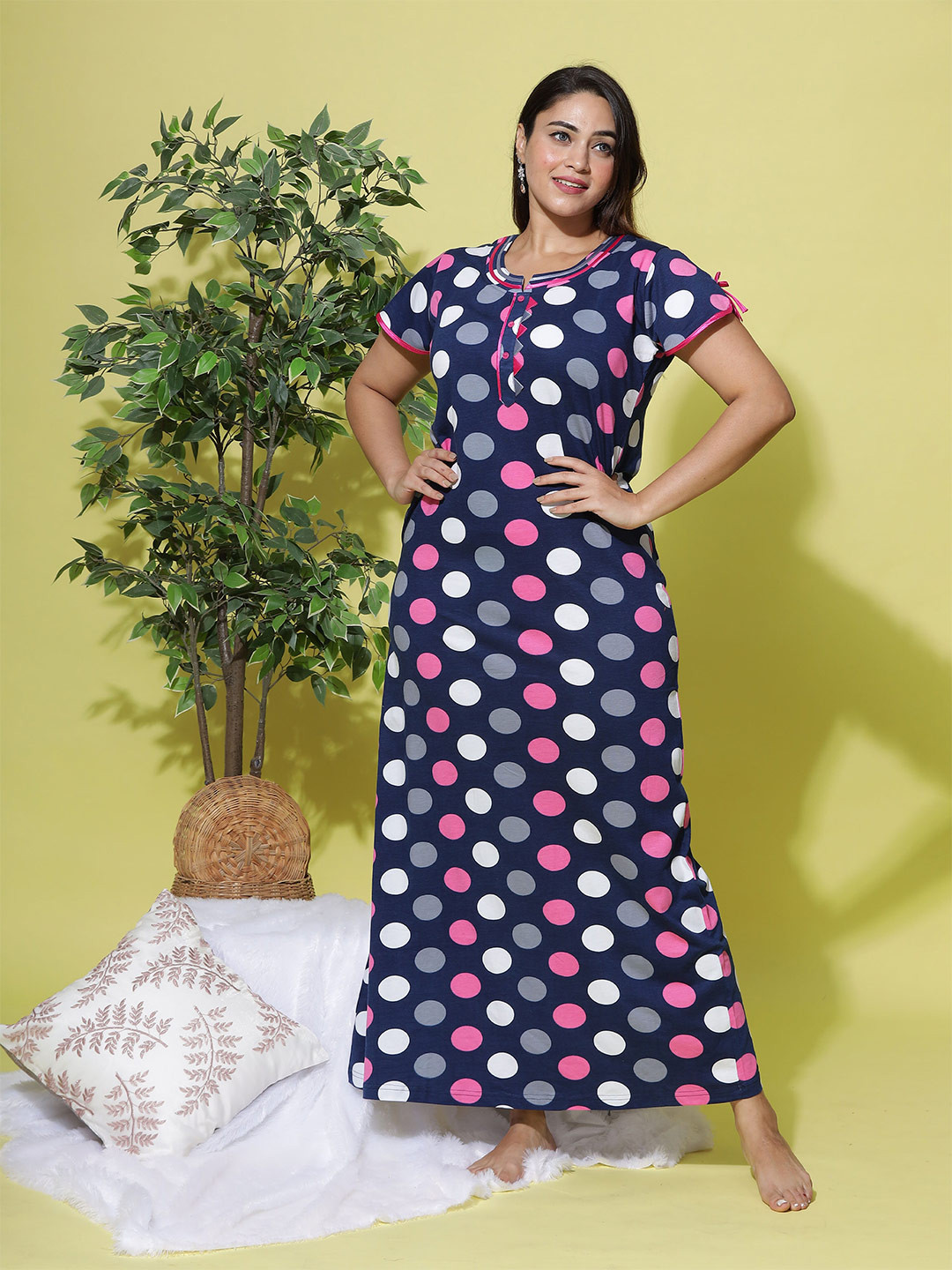 9shines Label Polka Dots Printed Pure Cotton Maxi Nightdress