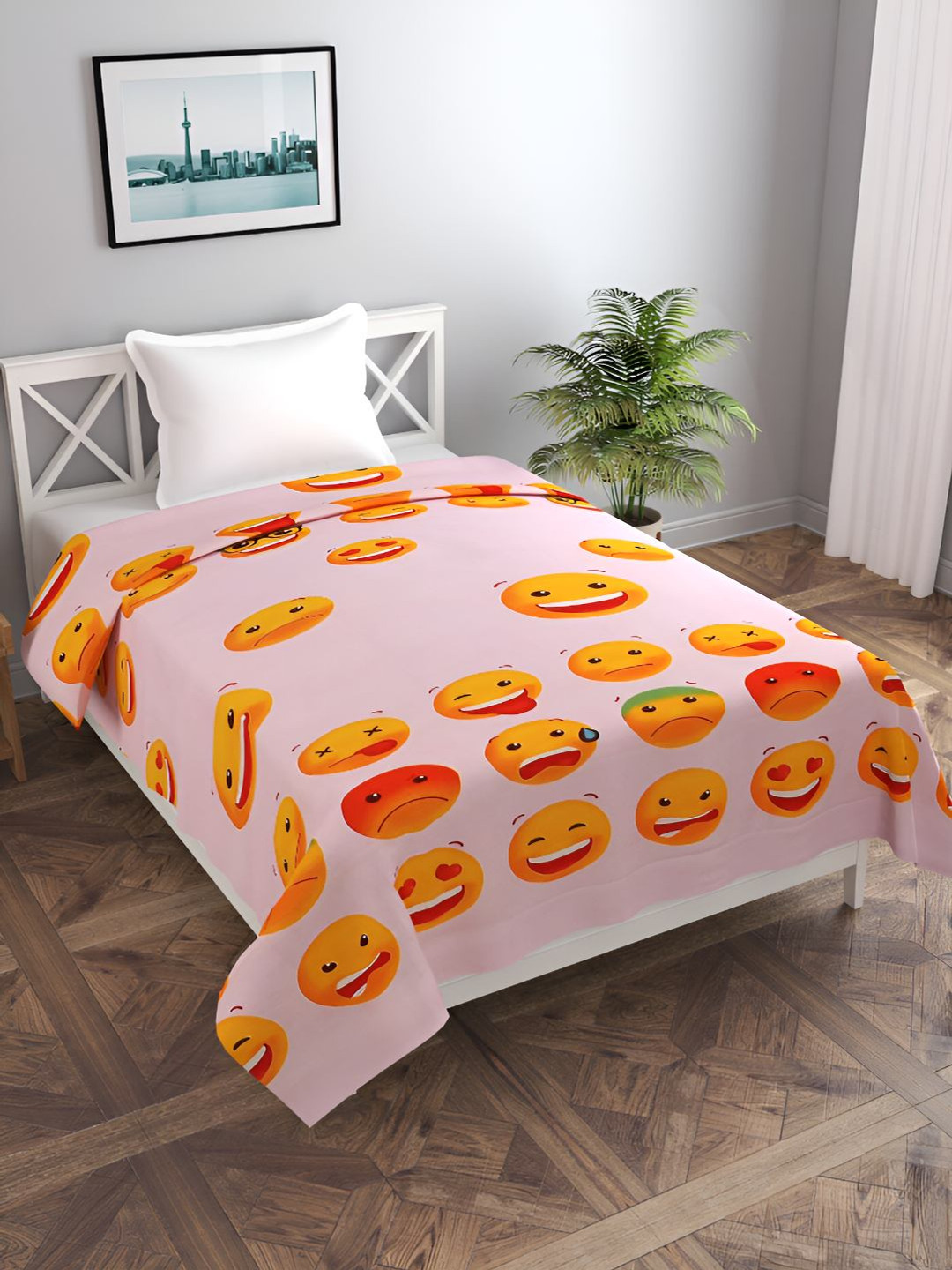 BREVARD Pink & Yellow Emoji Printed Single Duvet Cover