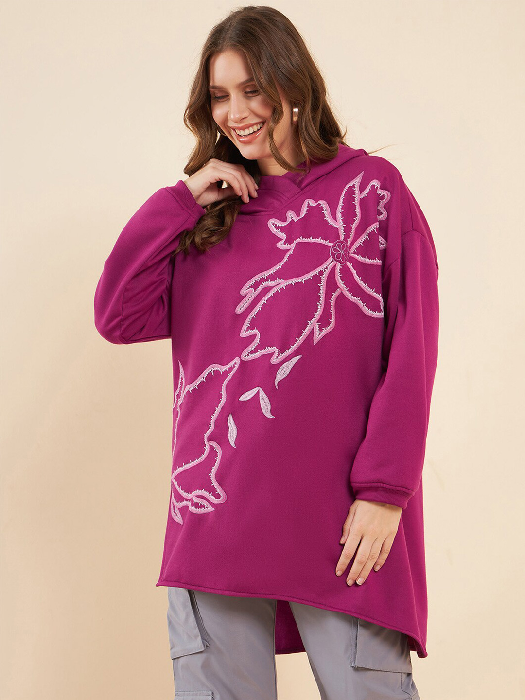 Antheaa Purple Floral Embroidered Hooded Fleece Longline Sweatshirt