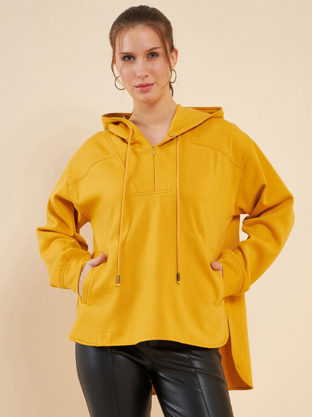 Antheaa Yellow Hooded Fleece Longline Sweatshirt