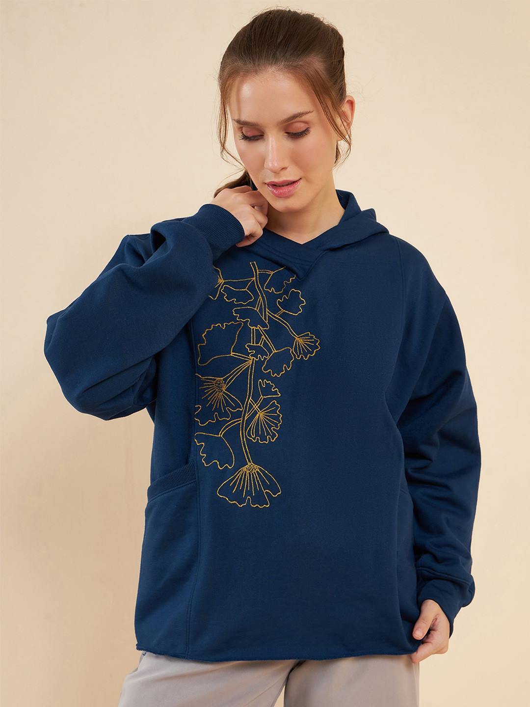 Antheaa Navy Blue Floral Embroidered Hooded Fleece Sweatshirt