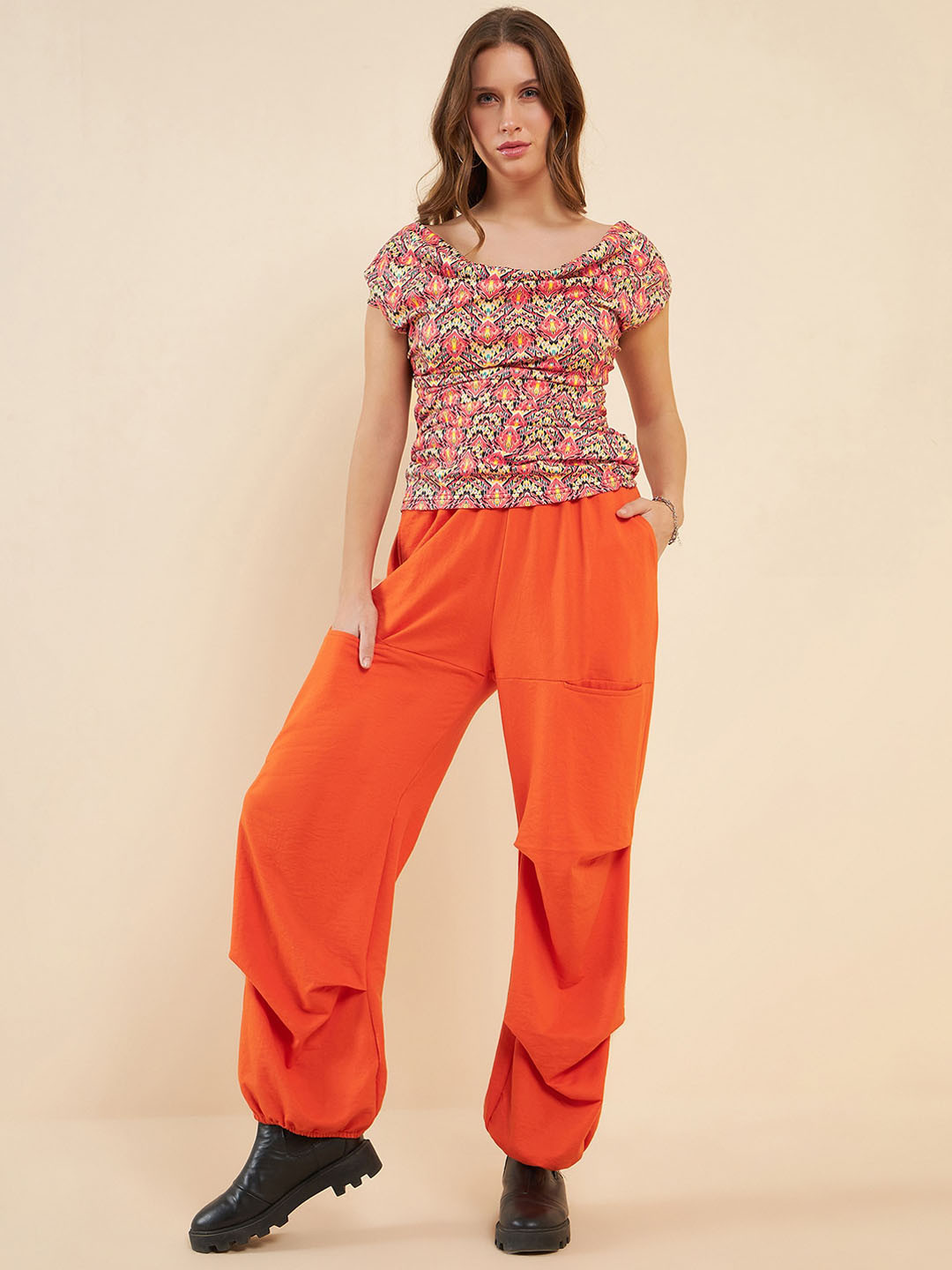 Antheaa Orange Cowl Neck Printed Top With Joggers