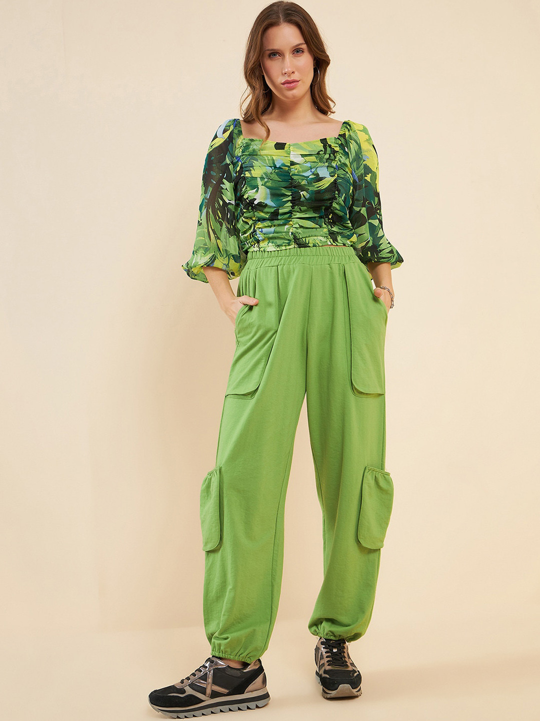 Antheaa Green Printed Square Neck Puff Sleeves Top & Cargo Trousers