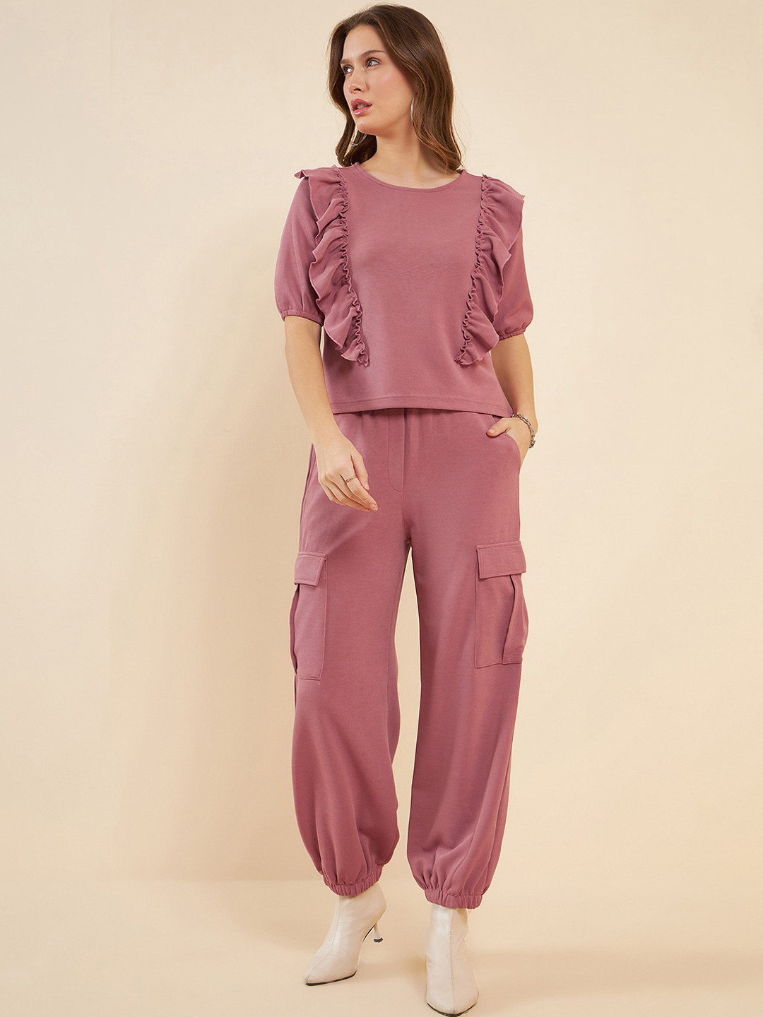 Antheaa Pink Ruffled Top With Cargo