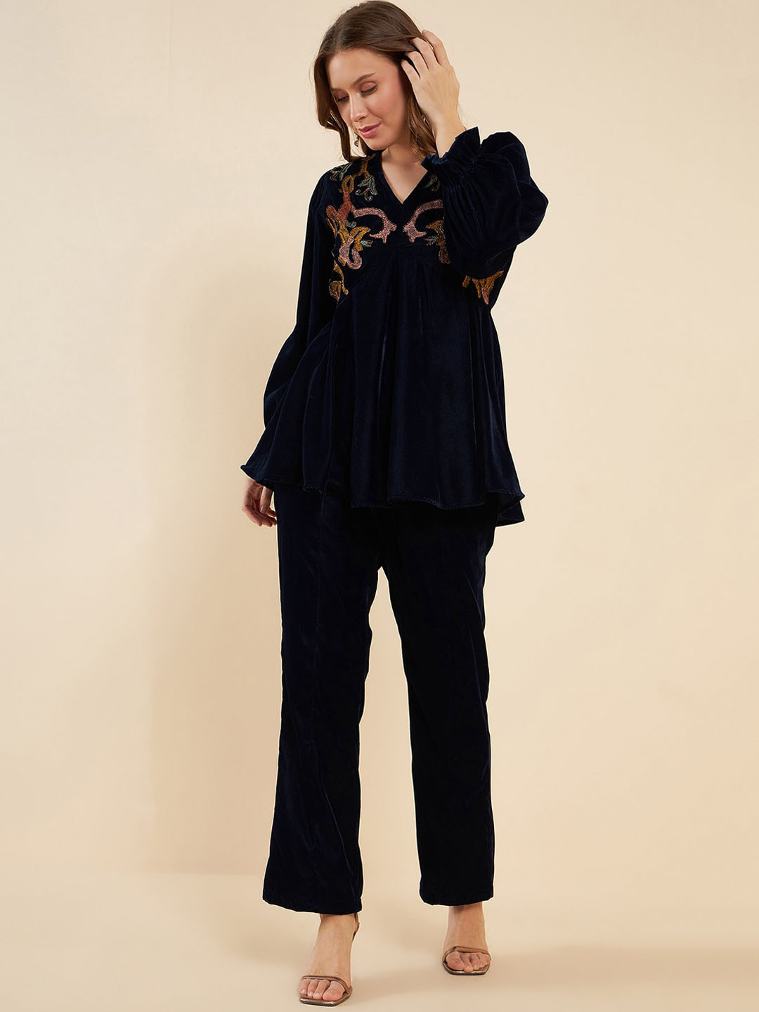 Antheaa Navy Blue Embroidered V-Neck Tunic With Trouser