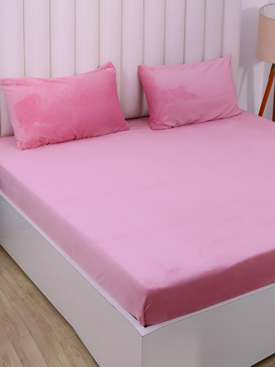 RD TREND Pink 210 TC King Fitted Bedsheet with 2 Pillow Covers