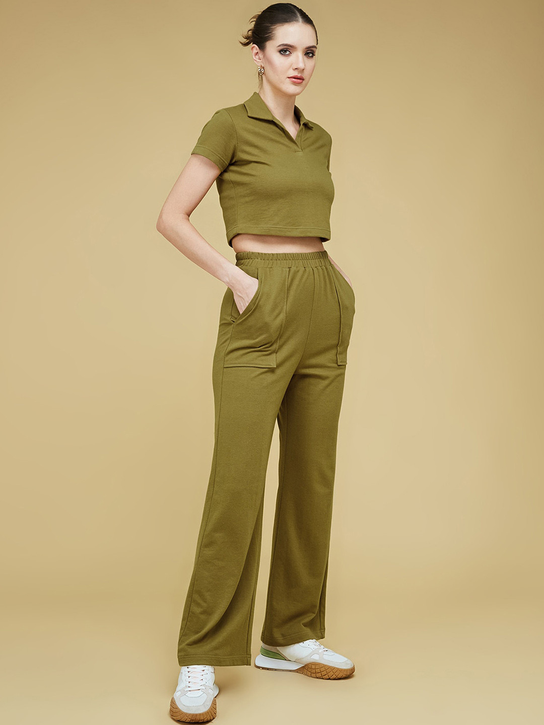 DressBerry Olive Green Short Sleeves Crop T-Shirt With Trouser Co-Ords