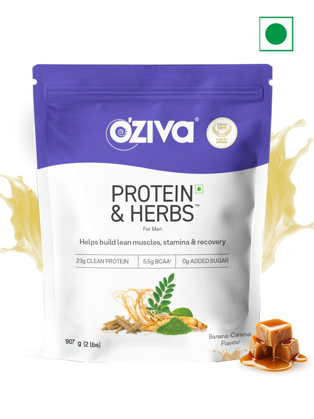 OZiva Men Protein & Herbs For Stamina, Muscle Building & Recovery- Banana Caramel - 907 g