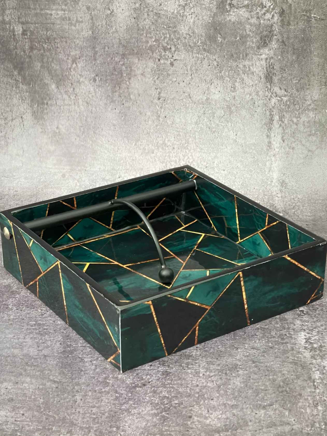 CasaGold Black & Green Printed Wooden Tissue Holder With Magnetic Bottom