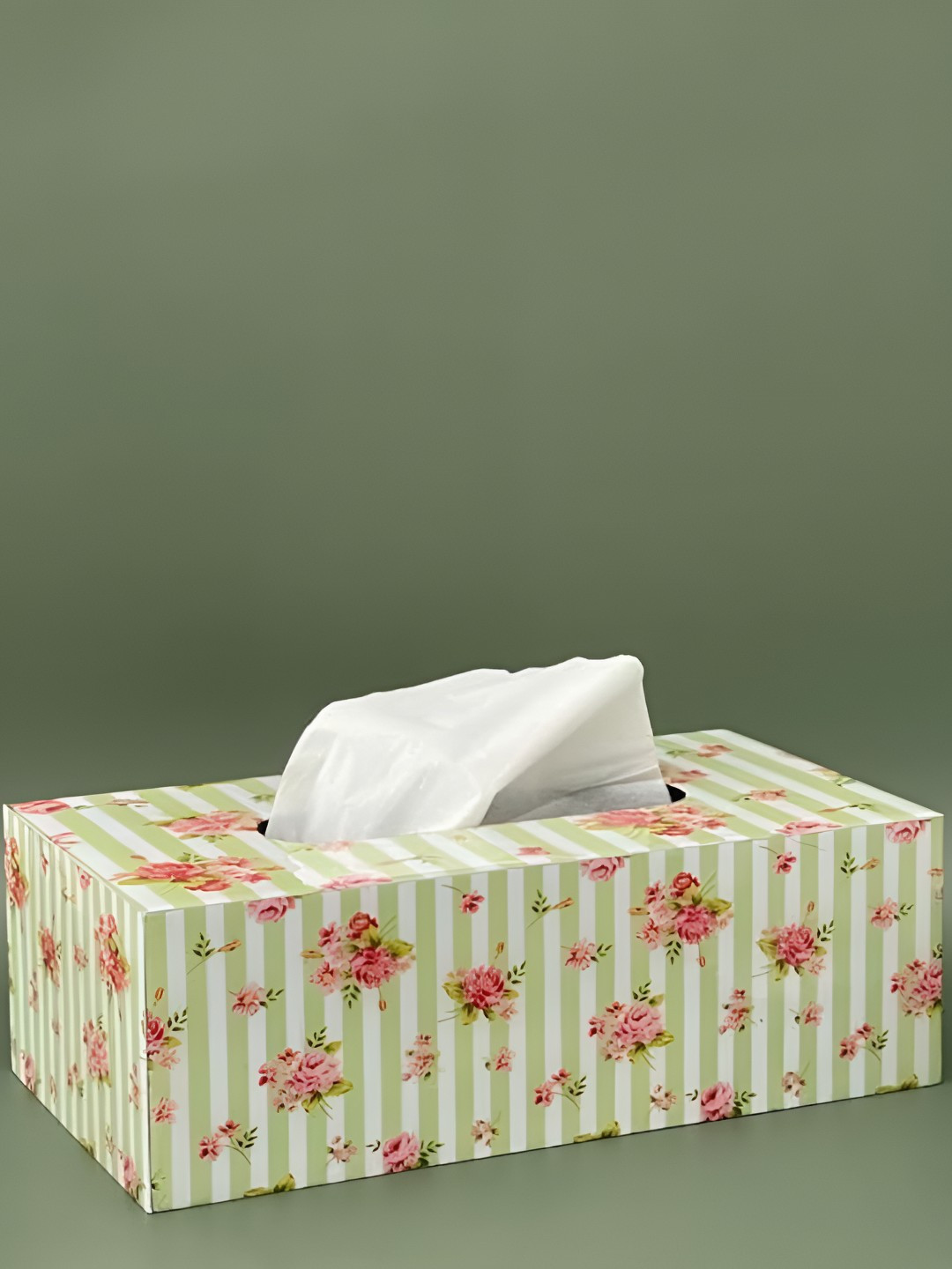 CasaGold Green& White  Floral Wooden Tissue Holder