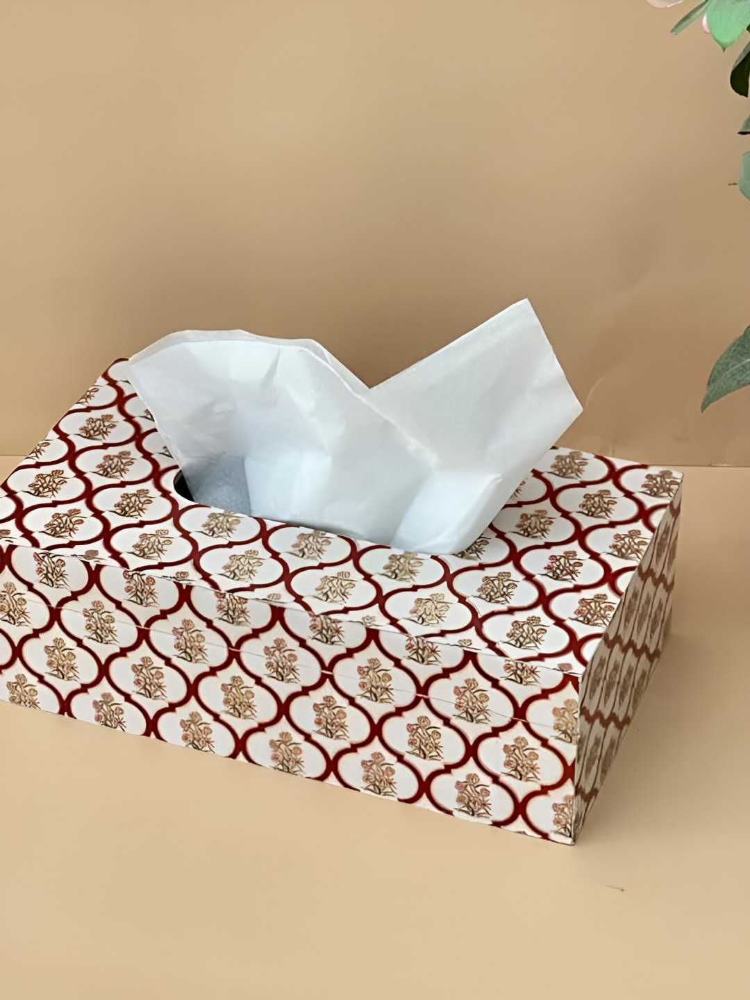 CasaGold Red & White Printed Wooden Tissue Box Holder