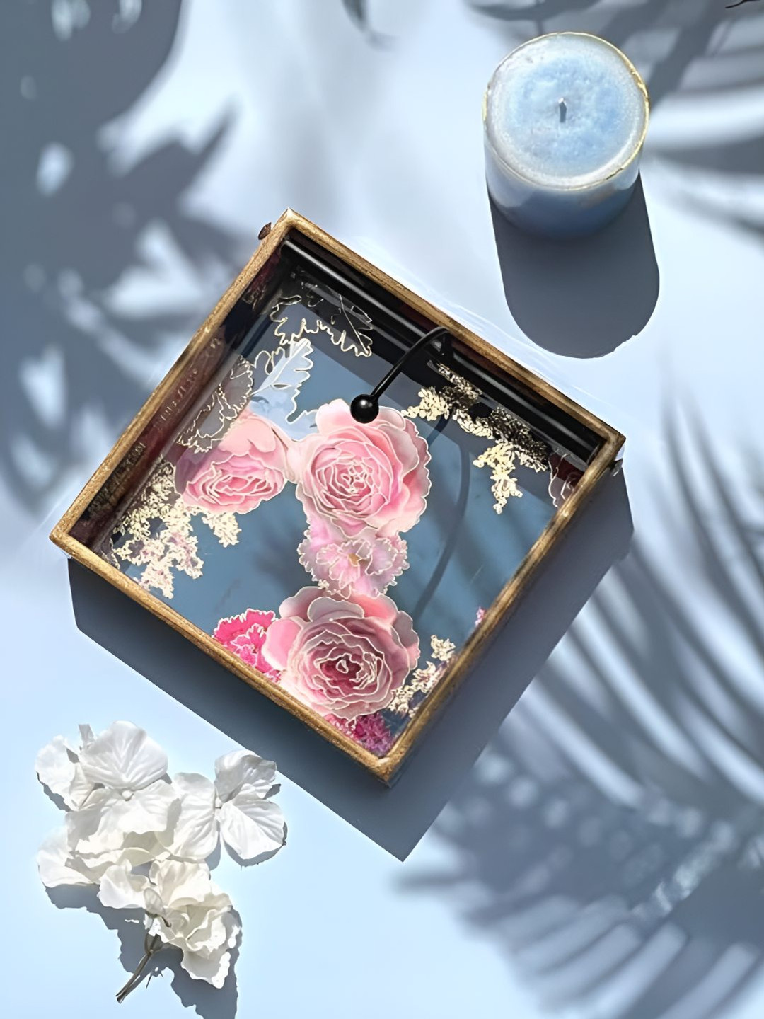 CasaGold Blue Floral Printed Square Wooden Tissue Holder Tray