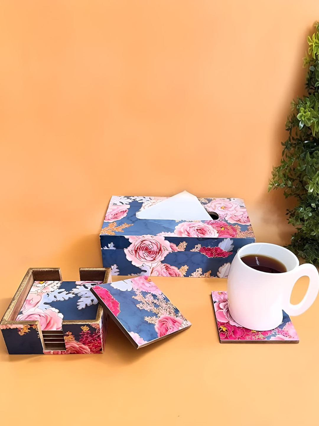 CasaGold Blue & Pink Wooden Tissue Box & 6-Pcs Coaster