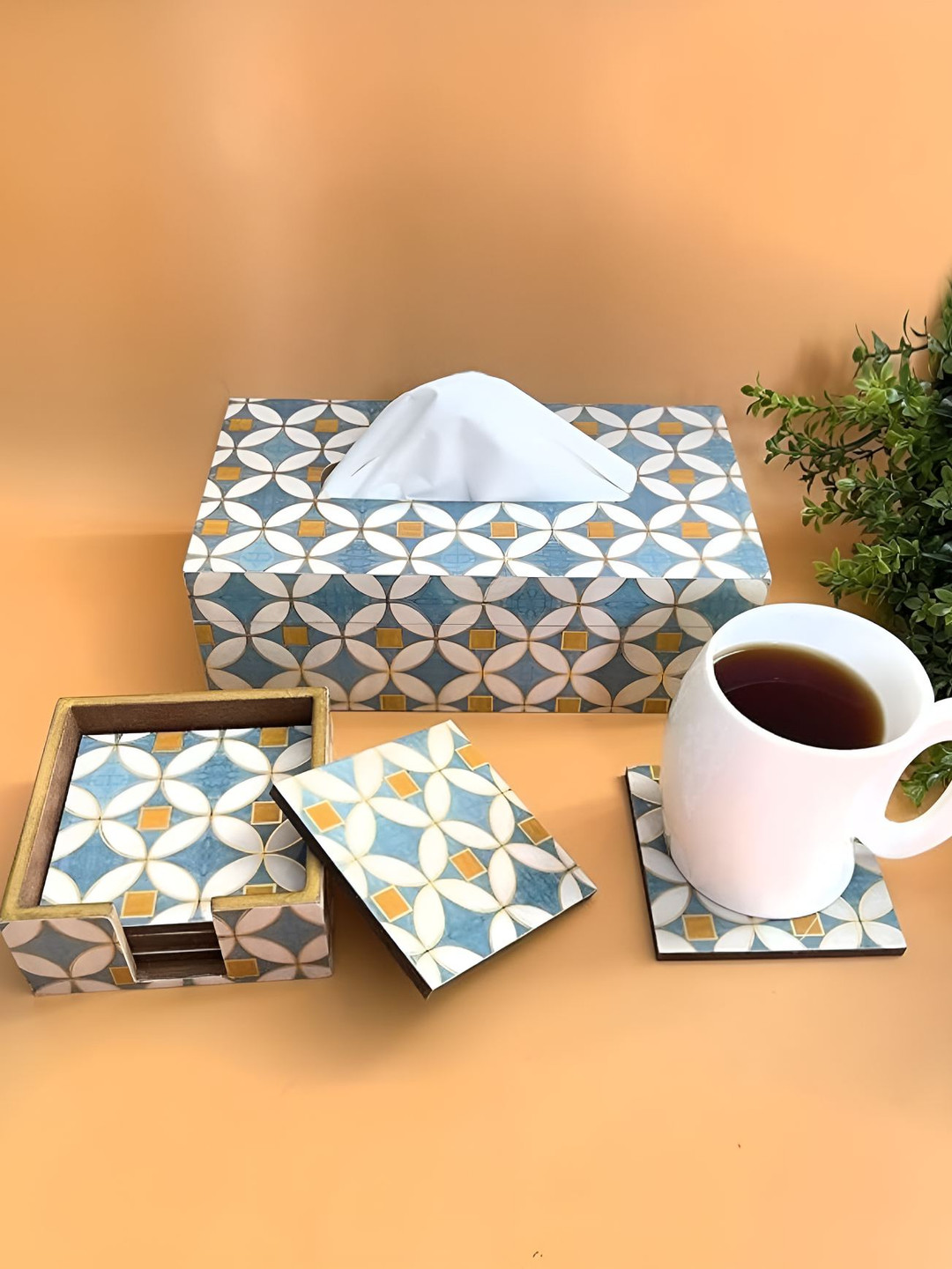CasaGold  Wooden Tissue Box Holder Set Of 6 Coaster Combo