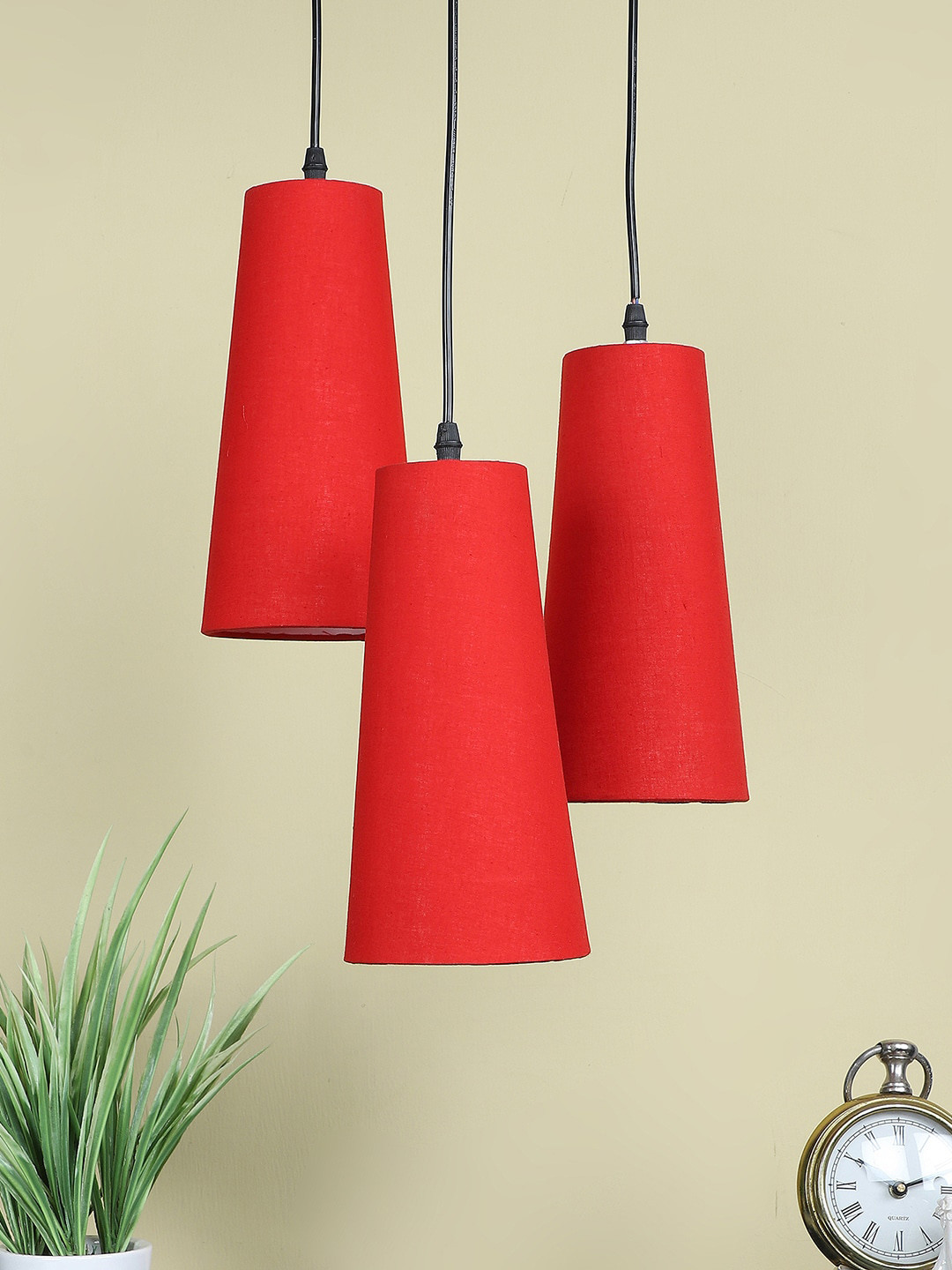 Devansh Red & Black Textured Cotton Cluster Adjustable Cord Cylinder Shaped Hanging Lamp