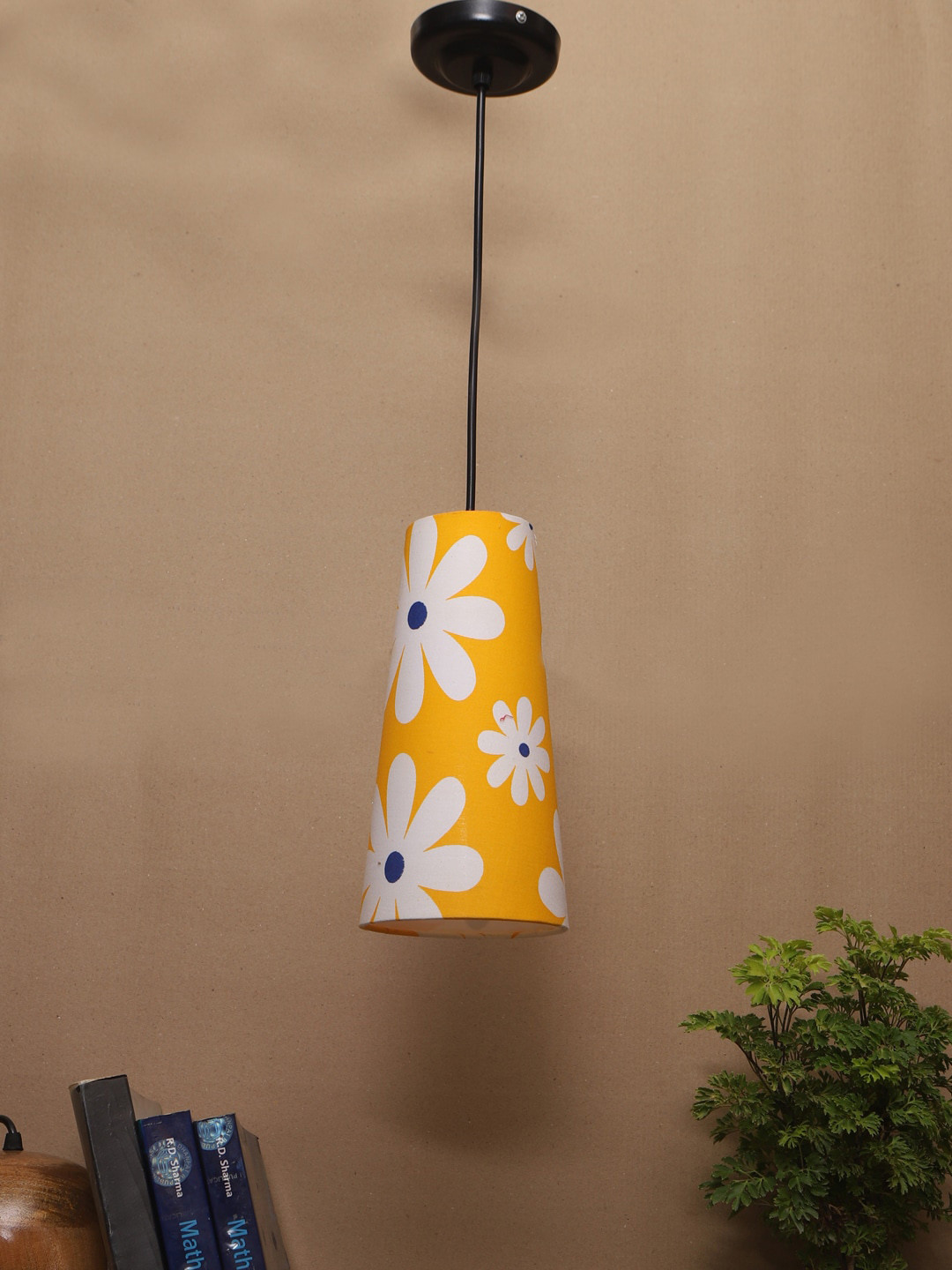 Devansh Yellow Floral Printed Adjustable Cord Frustum Shape cotton Shade Hanging Lamp