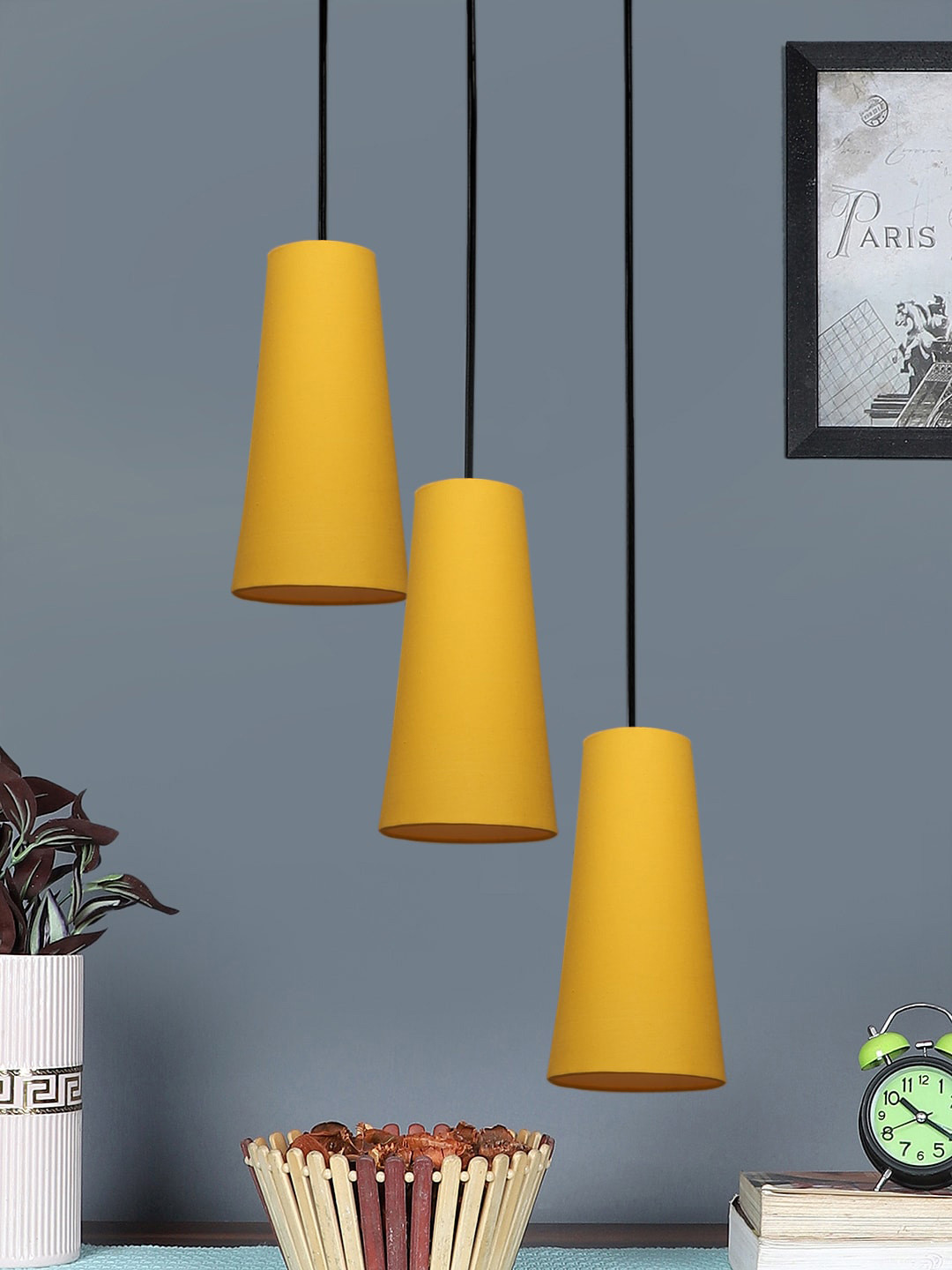 Devansh Yellow & Black Cotton Cluster Adjustable Cord Cylinder Shaped Hanging Lamp